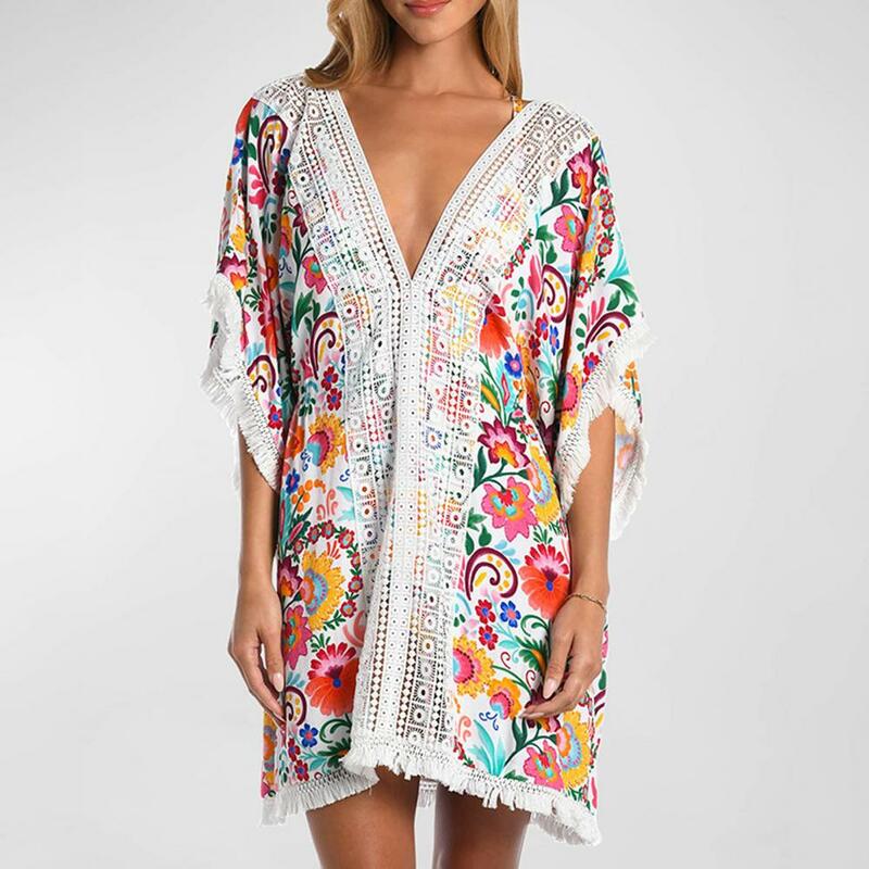 Swim Cover-up Colorful Flower Print Lace Bat Sleeves Tassel Sun Protection Anti-uv Holiday Swimsuit Cover-up for Women V Neck