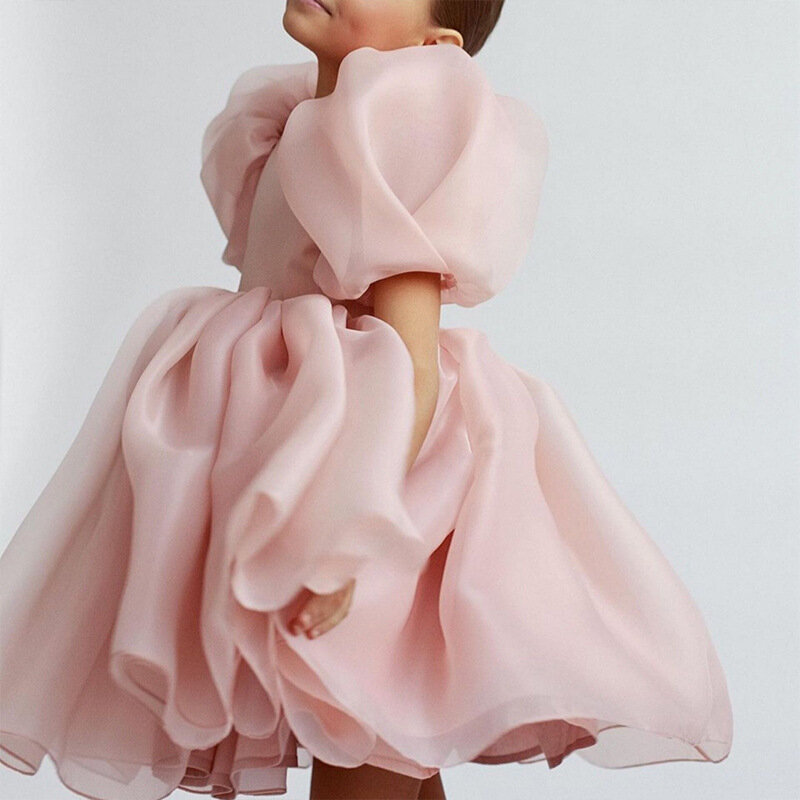 Модное винтажное платье принцессы для девочек, детское фатиновое платье, розовое платье с пышными рукавами для свадьбы, вечеринки, дня рождения, фотоодежда 1-14