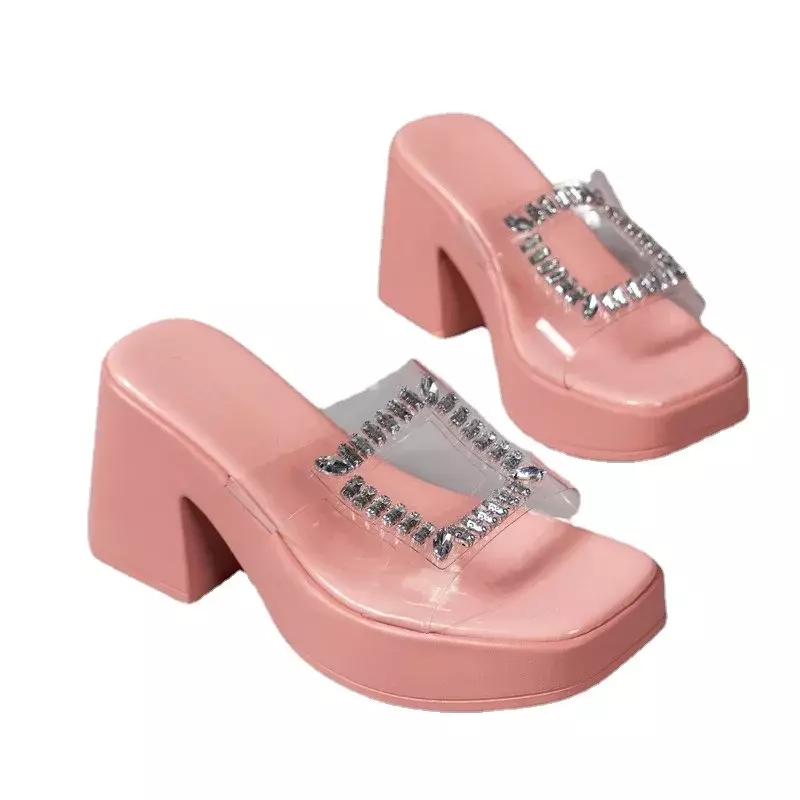 Women's Chunky Heel Platform Shoes Summer Ladies Pump Sandals PVC Jelly Slippers Open Toe High Heel Women's Transparent Slippers