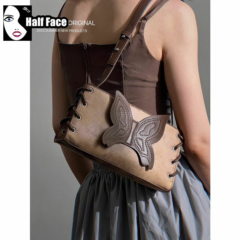 Y2K Spicy Girls Harajuku Womens Gothic Butterfly Handbags Brown Punk  One Shoulder Advanced Design Versatile Crossbody Bags Tote