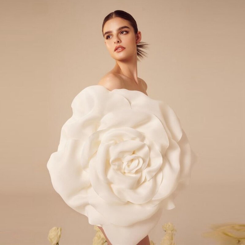 Gaun pesta tanpa tali putih gaun Floral buatan khusus gaun Satin mawar panjang Mini gaun pengantin untuk Prom Ever cantik