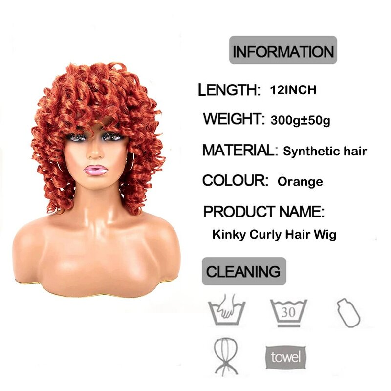 Peruca Curta Afro Kinky Curly com Franja para Mulheres, Peruca Laranja Bouncy Curly Bob, Sintético Ginger Copper, Perucas de Cabelo Cosplay Natural