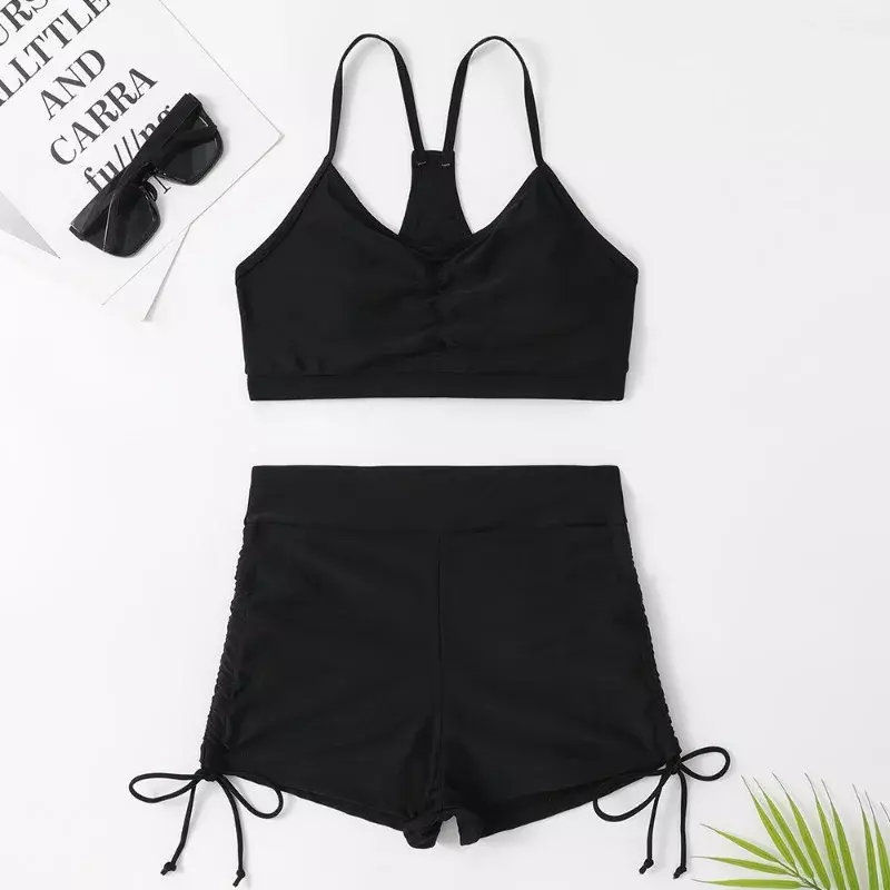 Women's Solid Color Bikini Suit Sexy Slim Small Chest Gathered Bra+bandage Tight Shorts Seaside Holiday Beach Swimsuit
