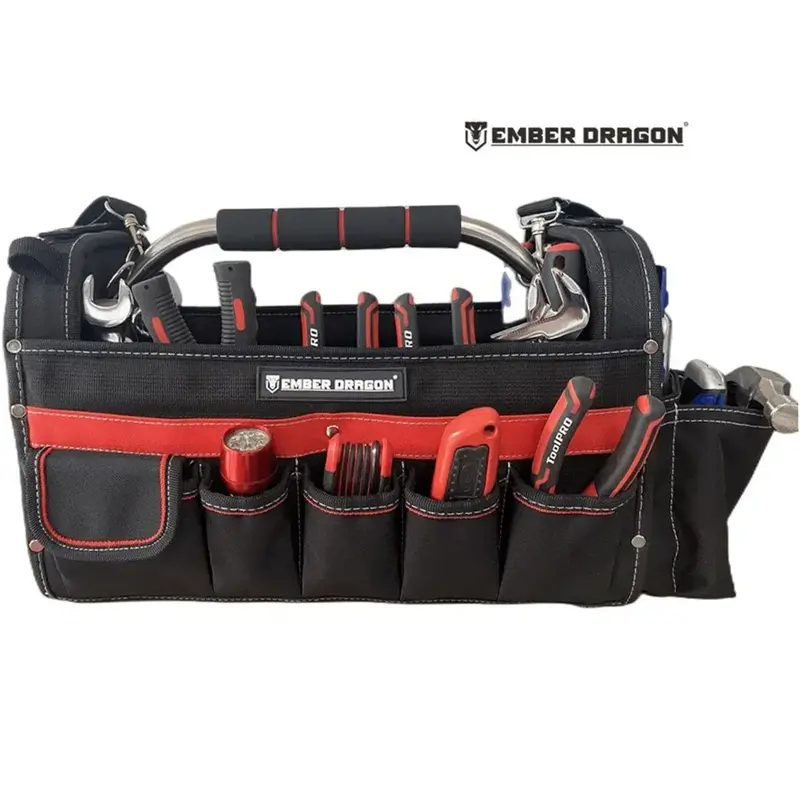 Portable Oxford Cloth Tool Bag Heavy Duty Tool Tote Reinforced Material Electrician Ember Dragon Handle Shoulder Strap Pockets