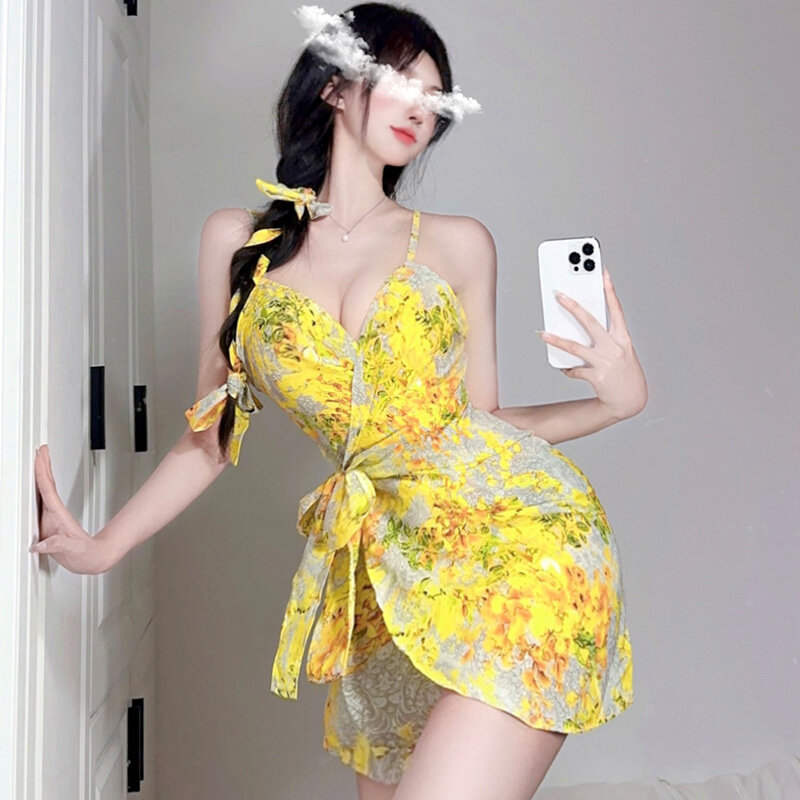 Dichengda-conjunto de pijamas sem costas para mulheres, lingerie sexy, vestido de sling, mancha japonesa kawaii, quimono estampado amarelo, pijamas, 2023