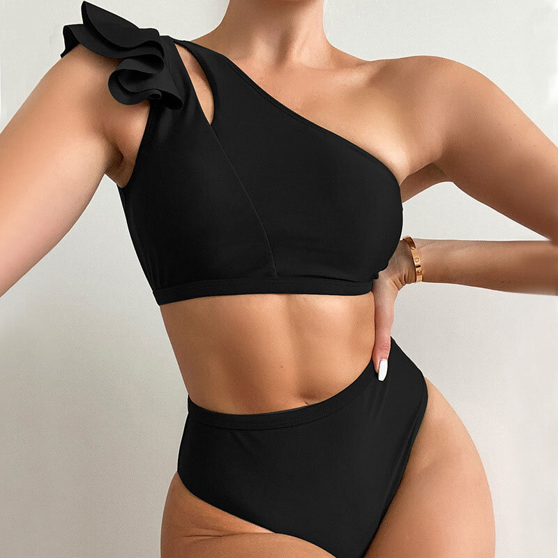 2022เซ็กซี่หนึ่งไหล่บิกินี่ผู้หญิงสูงเอวชุดว่ายน้ำชุดว่ายน้ำ Ruffle Biquini สีดำหญิง Beachwear ชุดว่ายน้ำ