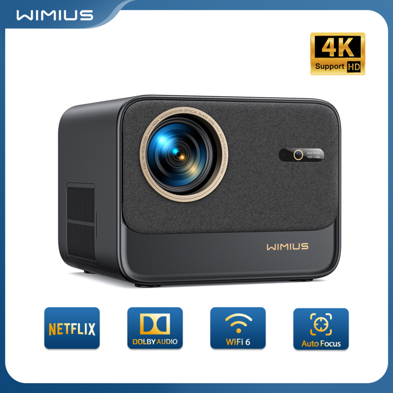 Wimius K9 프로젝터 4k 지원 700ANSI 자동 초점 키스톤 풀 HD 1080p 네이티브 와이파이 6 블루투스 지지대 돌비 홈 시어터