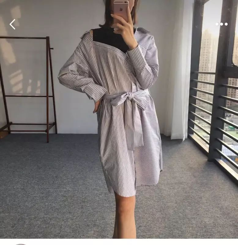 Women Fake Two Pieces Dress Striped Lace-up O-Neck Long Sleeve Casual Mini Robe