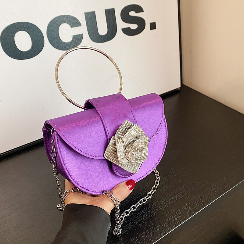 Rose Flower Diamond Handbag Designer Saddle Bag For Women Fashion 8 Colors Nylon Crossbody Bag With Round Ring Handle Clutch Bag