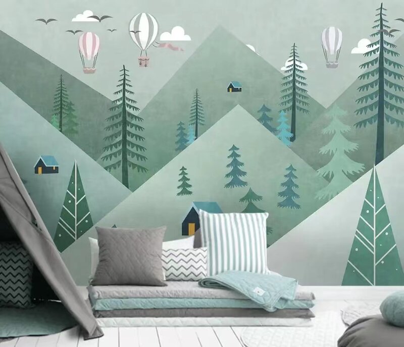 Milofi-Nordic Pinturas de parede pintadas à mão para crianças, montanhas geométricas, pinho floresta, pinturas de alces