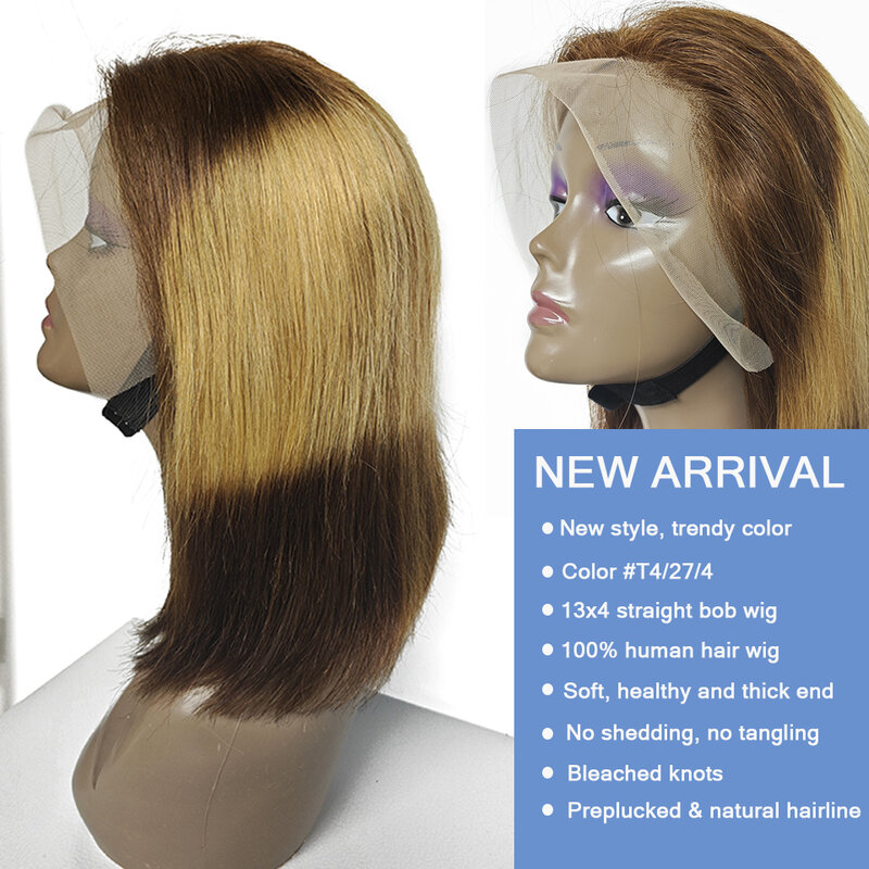 Wig Bob pendek lurus 13x4 Wig rambut manusia Frontal renda transparan Ombre sorot Wig untuk wanita warna # T4/27/4 Wig renda Highlight