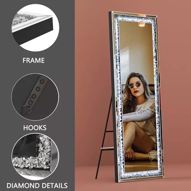 Espejo de longitud completa de 63x20 pulgadas con luces y cristal de diamante aplastado, espejo de diamante colgante montado en la pared, sin carga