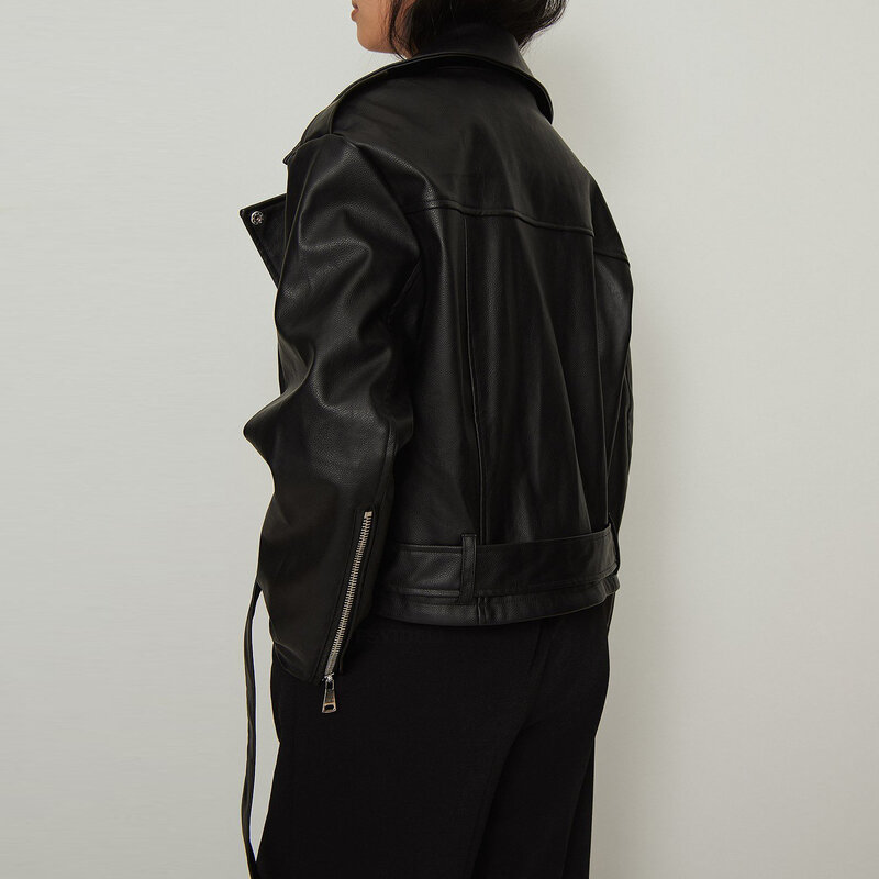 Women PU Leather Jackets Streetwear Oversized Motorcycle Coat Loose Casual Fashion Zipper Turndown Collar Female Punk Outwear
