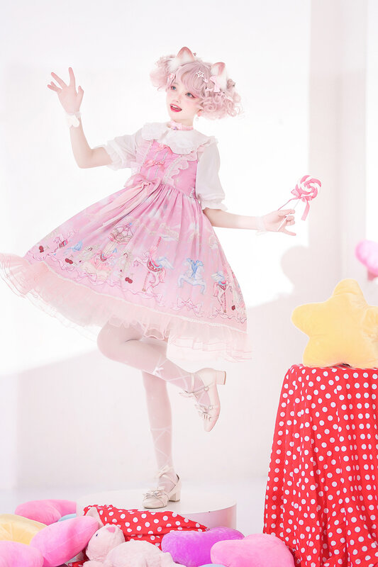 일본 귀여운 로리타 Jsk 원피스 여성 귀여운 만화 Jsk 파티 민소매 스트랩 드레스, 여성스러운 귀여운 레이스 활 공주 드레스