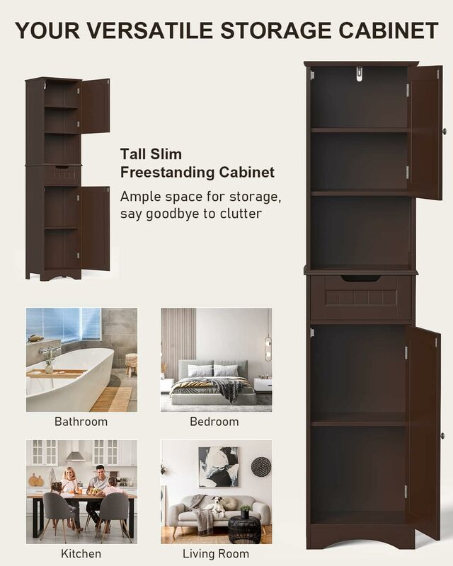Armario de almacenamiento de baño de 67 "de altura con 2 puertas y 1 cajón, torre de lino estrecha independiente con estantes ajustables para el hogar