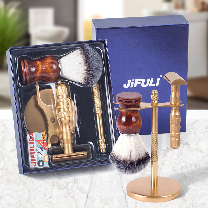 JiFULI-Classic Double Edge Navalha de segurança para homens, barbear manual, suporte escova, conjunto presente, lâminas de barbear, alta qualidade