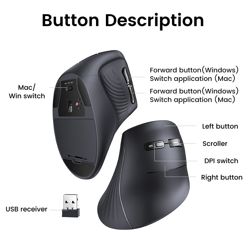 UGREEN Mouse vertikal nirkabel Bluetooth 5.0, Mouse nirkabel ergonomis 2.4 DPI 4000, 6 tombol bisu untuk MacBook Tablet laptop komputer PC