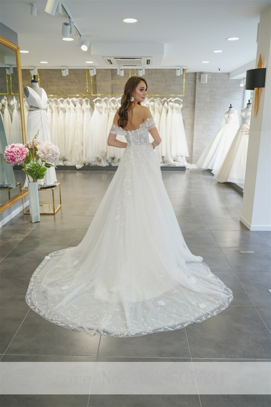 Elegancka tiulowa suknia ślubna z aplikacjami na ramiączkach dla kobiet o linii A, plisowana suknia ślubna robe de mariée