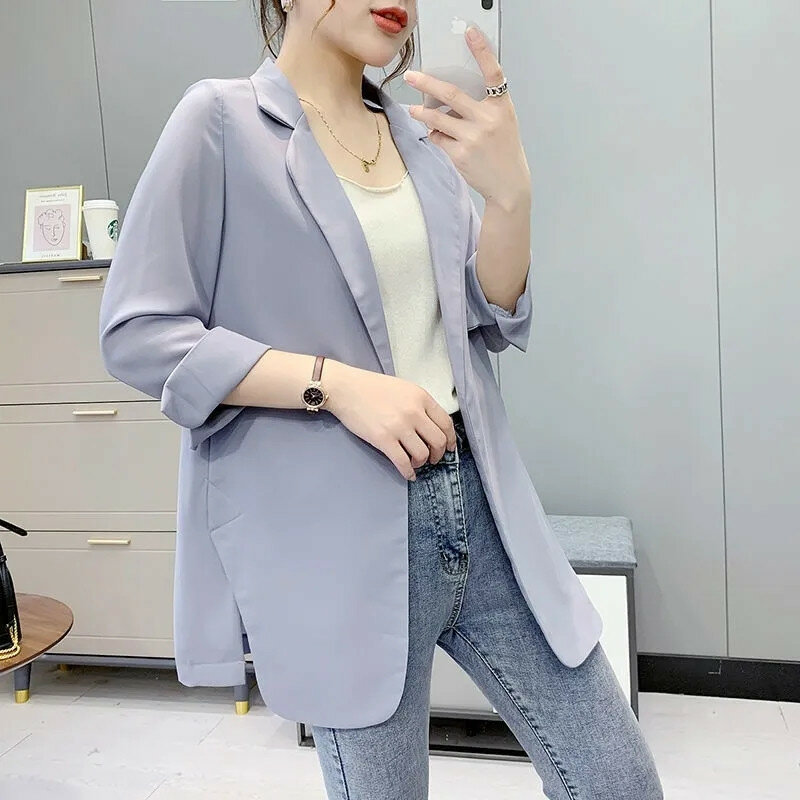 Summer Women's Blazer Thin Korean Version Loose Medium Long Chiffon  Sun Protection Shirt Three Quarter Sleeves Miss Outerwear