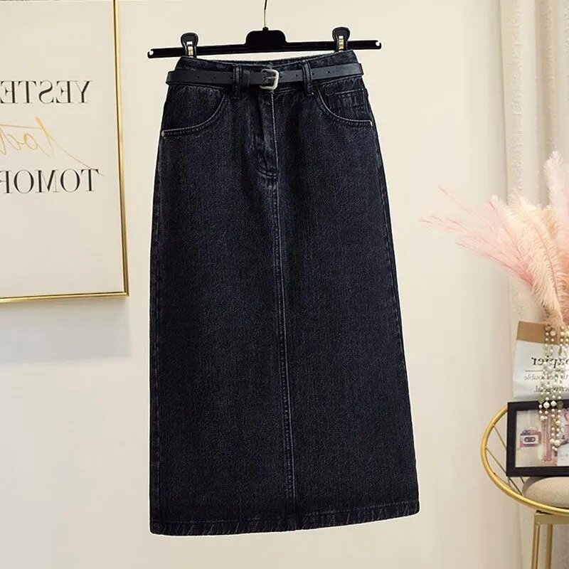 High-Waisted Blue Denim Skirt Spring/Summer New Mid Length Split Pockets Casual Jeans Skirts A-Line Clothes For Women Ropa Mujer