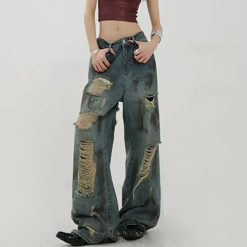 Винтажные рваные джинсы Deeptown Y2k, свободная уличная одежда, джинсовые брюки в Корейском стиле, модные широкие брюки в стиле Харадзюку