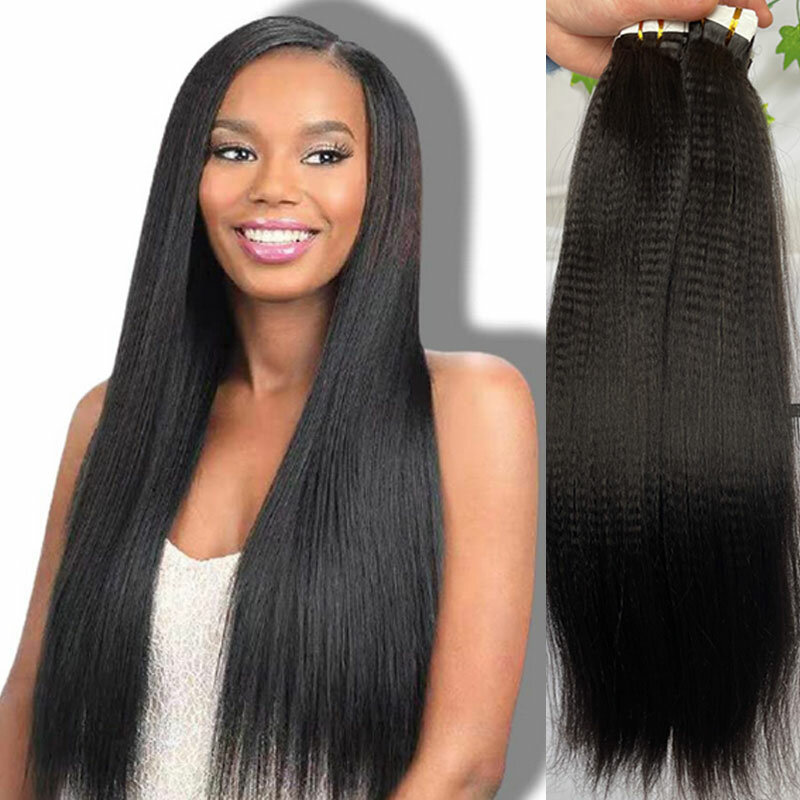 Yaki-Cinta de cabello liso para mujer negra, extensiones de cabello brasileño Remy, 40 piezas, cinta de trama de piel, pegamento en extensiones de cabello