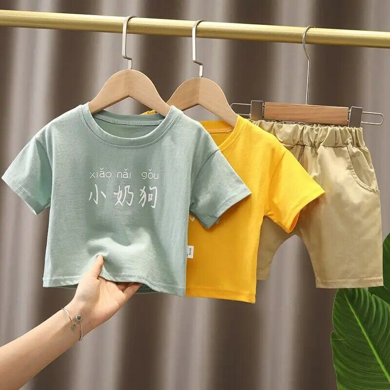 Boys Clothing Summer 2023 New Short Sleeve Round Neck Cartoon Pattern Printed Cotton Fashion Casual Trend Pullover Two Pieces