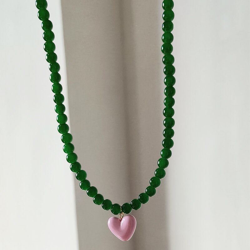 ZX-artesanal transparente frisada cadeia curto gargantilhas para mulheres, cor doce bonito, colar de pingente de coração, presente da jóia menina, atacado