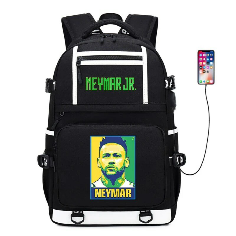 Neymar mochila com estampa para estudante, grande capacidade mochila preta para viagens ao ar livre