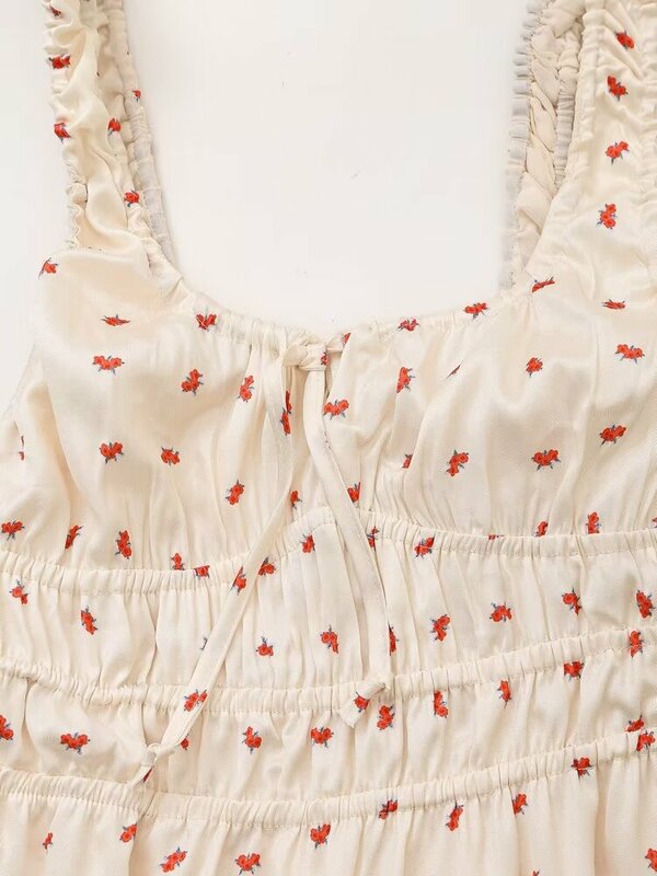 Damen neue Mode Schnürung Dekoration Blumen druck Satin Textur Mini kleid Vintage ärmellose breite Träger Damen kleid Mujer