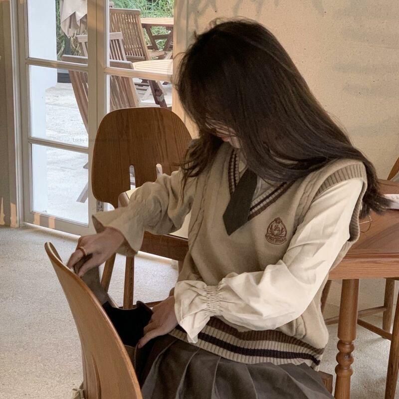 Setelan pakaian sekolah gaya Korea wanita, rompi kemeja rok atas temperamen gaya kuliah seragam sekolah Jk musim gugur