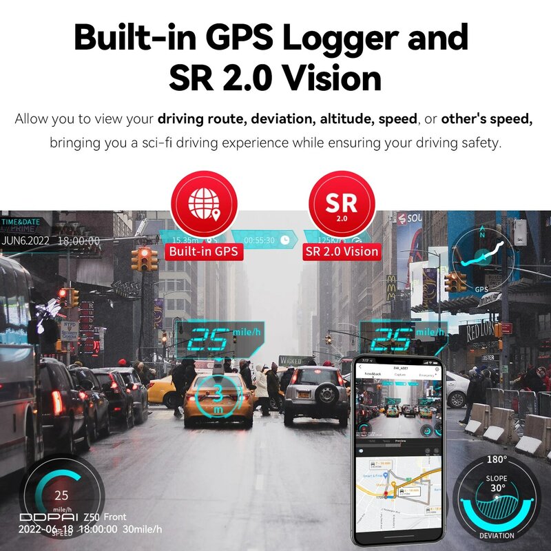 Dpai กล้องติดรถยนต์ Z50หน้าและหลัง4K กล้องติดรถยนต์พร้อมหน้า2160P + ด้านหลัง1080P มี GPS Wi-Fi ในตัวกล้องแดชแบบคู่สำหรับรถยนต์