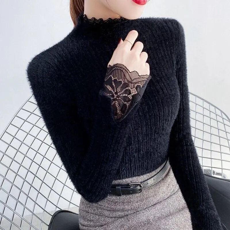 여성용 한국 패션 슬림 스웨터, 레이스 디자인 터틀넥, 따뜻한 기본 긴팔 상의, 여성용 스웨터, 겨울 의류