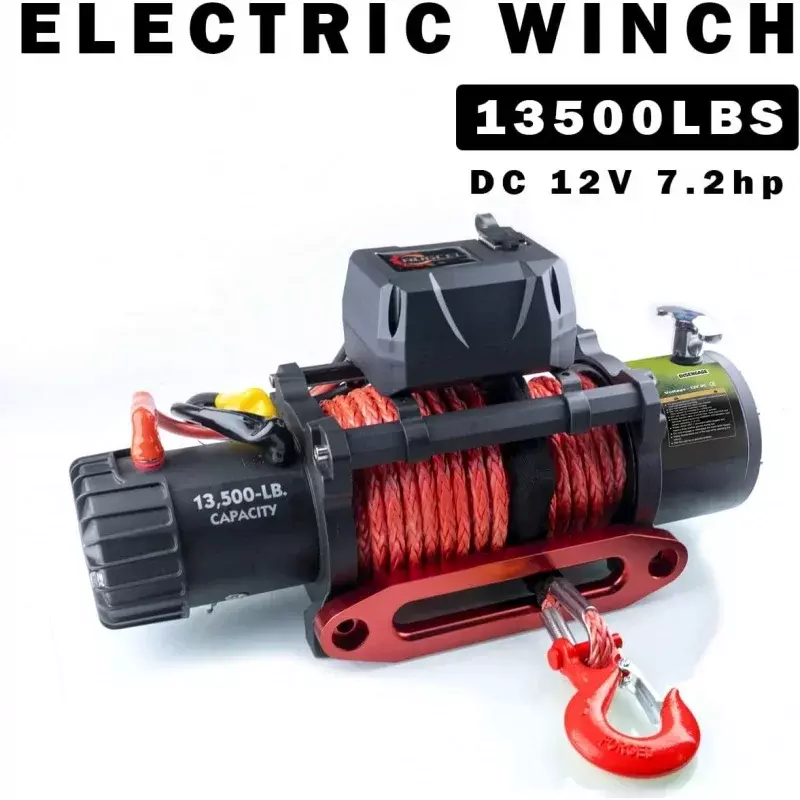 合成ロープ付き電動ウインチ,赤いフェアリング用,ケーブルハンドル付き,2つのワイヤレスリモコン,13500ポンド