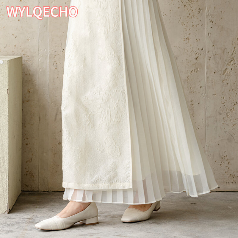 Falda larga de gasa con diseño de retazos de estilo chino retro, falda larga simple y elegante, nueva mejorada, Otoño, 2024, w251
