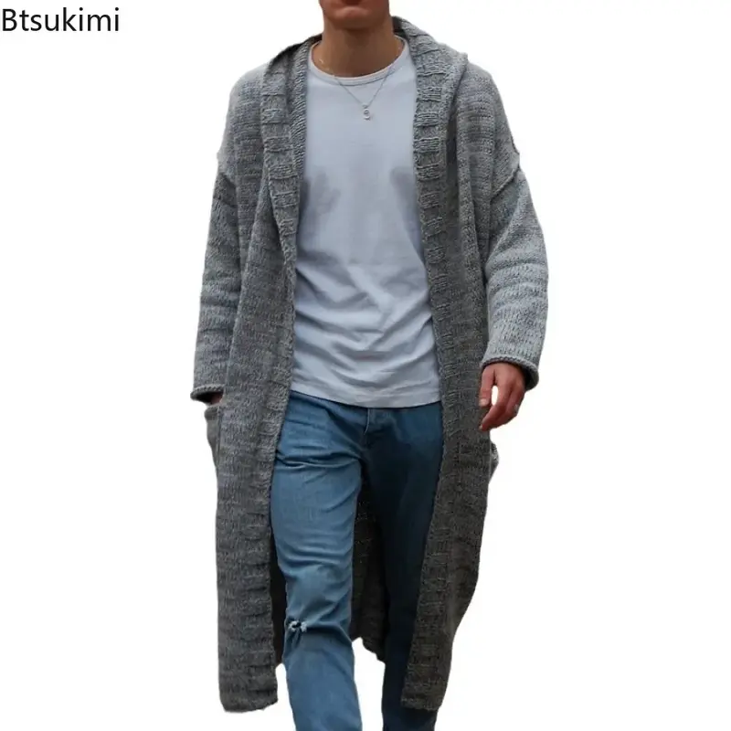 New 2024 Mens Knitted Cotton Cardigan Fashion Long Sweaters Male Casual Solid Long Sleeve Slim Outwear Autumn Winter Warm Hoodie