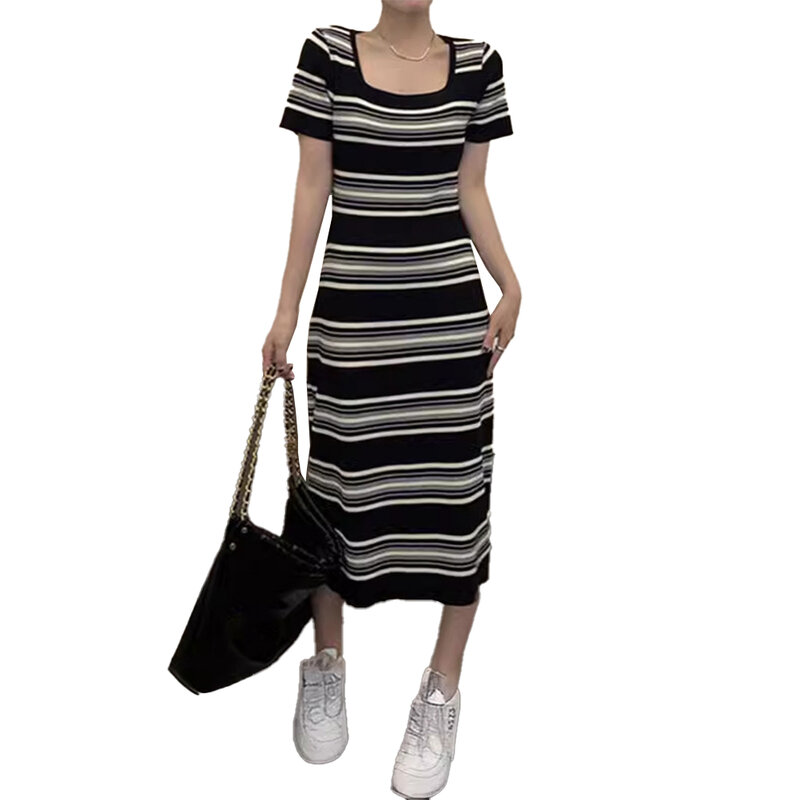 Comfy Fashion Hot New Stylish Dress Casual Elegant Female Knitted Long Round Neck Short-Sleeved Skirt To Ankle
