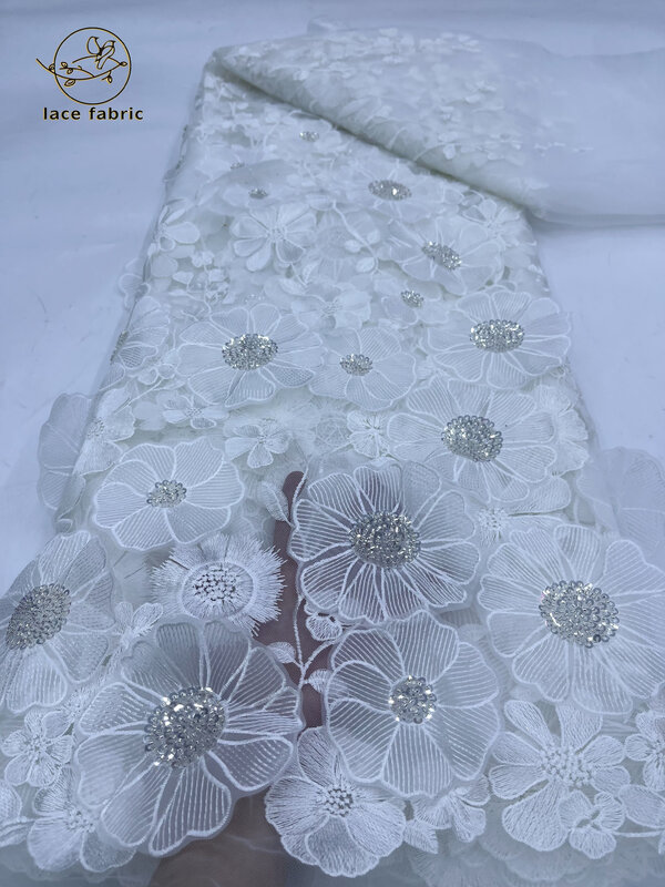 Afrykańska koronka aplikacja z tkaniny 2024 wysokiej jakości francuski kwiat 3D cekiny hafty koraliki tiulowa koronka tkanina na imprezę sukienka kobiet