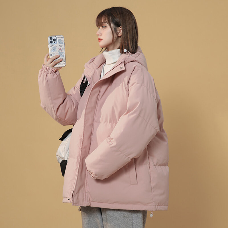 Jaket berlapis katun Korea wanita, mantel pendek mantel roti longgar berkerudung hangat Parker Musim Dingin 2023