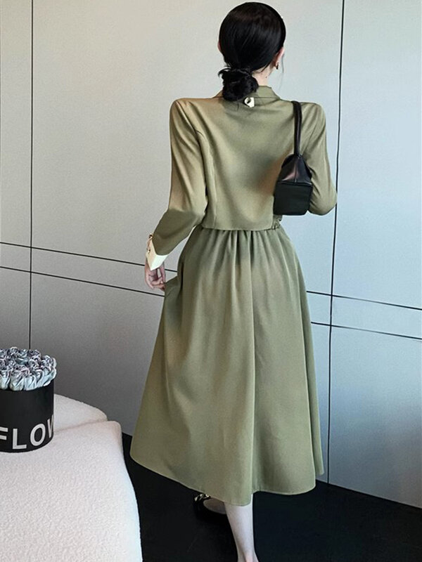 High Waist A-Line Midi Skirt Suit Spring Women Fashion Bowknot Long Sleeve Slim Cropped Tops Two-piece Set Office Lady Clothes