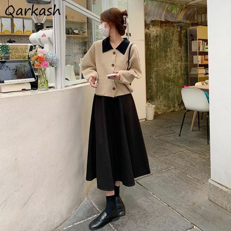 Midi Skirts Women Autumn Winter Simple Japanese Style A-line High Street Pure Color All-match Empire Fashion Elegant Female Chic