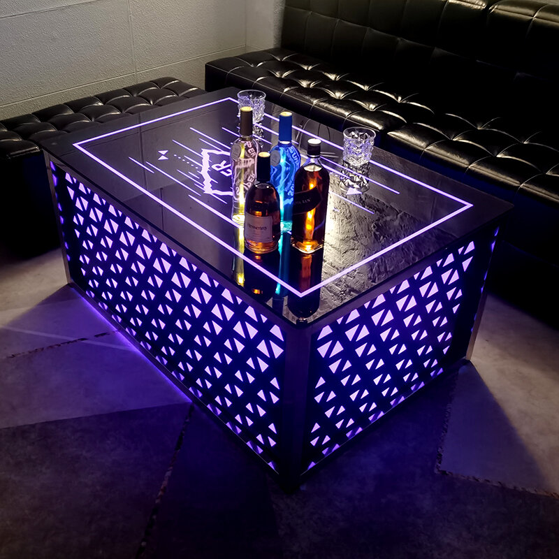 Mesas de bar de cóctel luminosas led de metal de vidrio moderno personalizado, comercial, mesa de club nocturno brillante, muebles de mesa de bar de lujo