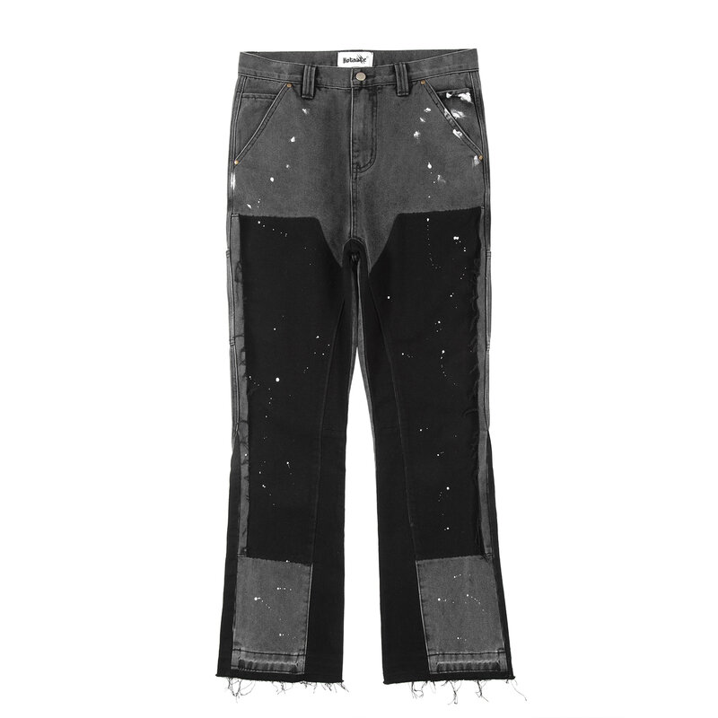 2023 Graffiti pantaloni in Denim svasato nero da uomo Vintage Hip Hop patch Jeans a gamba larga con inchiostro spruzzato Y2k Jeans lavati larghi per uomo