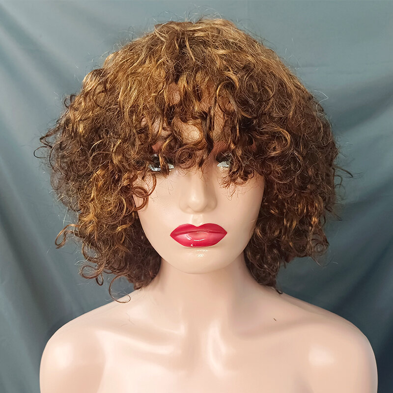 Ombre Color Water Wave Wig With Bangs Machine Made Gradient Brown Bob Wig Water Wave Brazilian Human Hair Bangs Wig