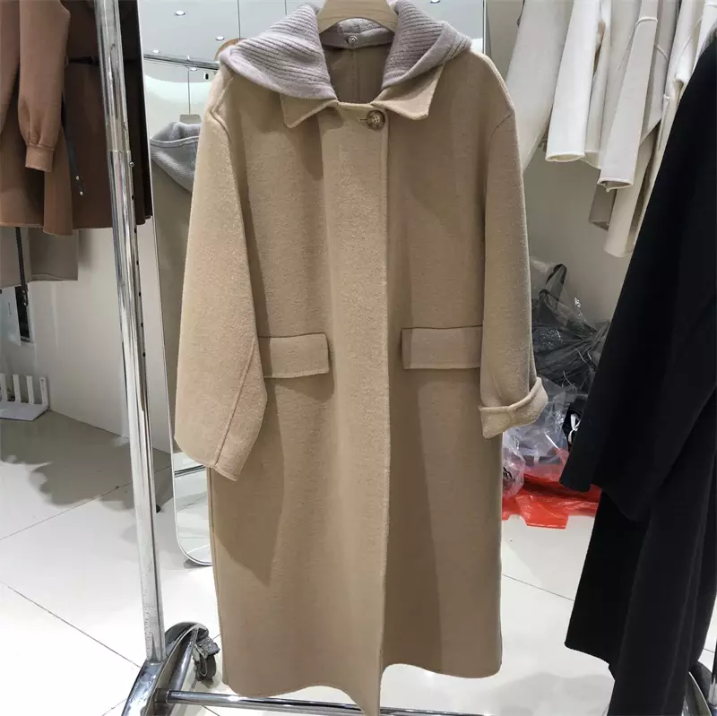 Женское трикотажное двустороннее кашемировое пальто со съемным капюшоном, новинка 2023, свободное шерстяное пальто средней длины в стиле Хепберн