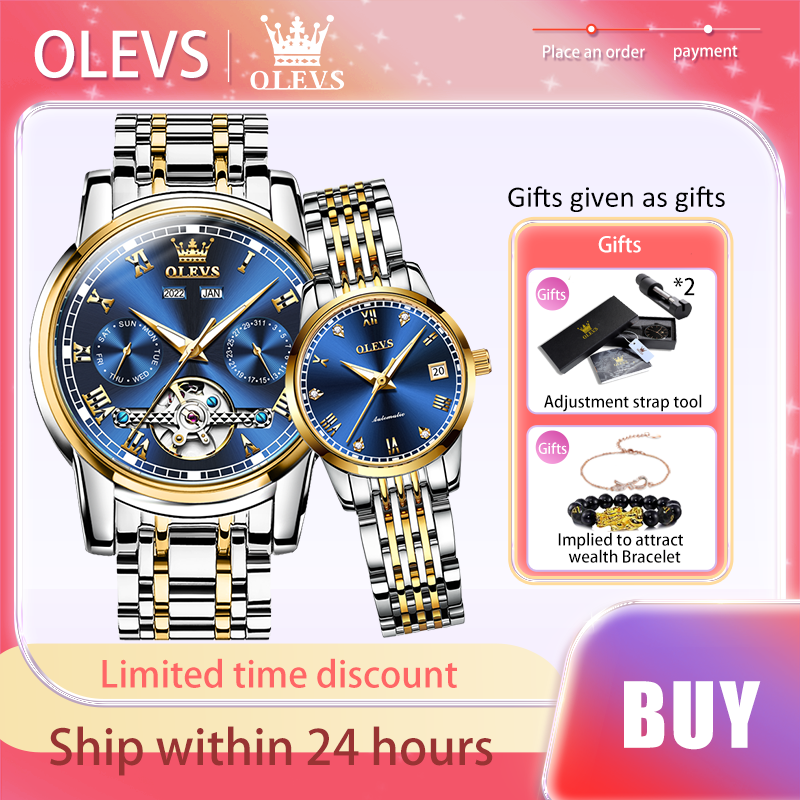 Olevs-男性と女性のための機械式時計,耐水性,自動巻き,発光,日付,ギフト,高級ブランド
