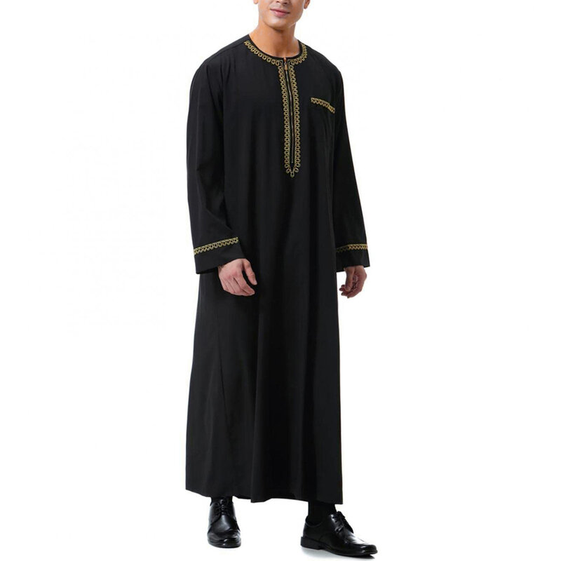 Mens Muslim Robe Arab Middle Robe Long Sleeve Embroidered Pocket Long Abaya Shirt Prayer Muslim Men Clothing