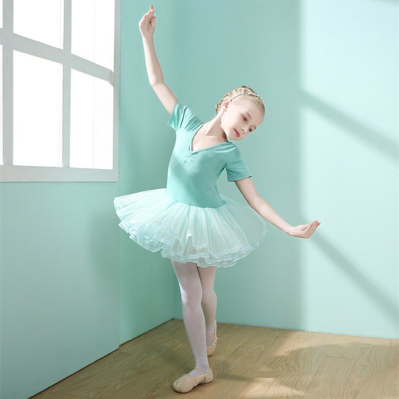 Балетное платье для девочек, детская тренировочная юбка, Детский костюм, трико для гимнастики, пачка, одежда для классических танцев, с коротким рукавом