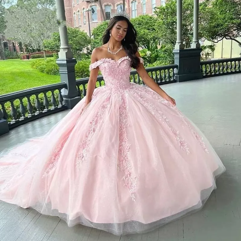 핑크 오프숄더 볼 가운, 퀸시네라 드레스, 15 파티 레이스 얇은 명주 그물 코트 트레인, 공식 생일 공주 가운