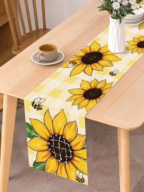Wiosenny słonecznik kwiatowe lniane bieżnik do stołu dekoracja ślubna żółta duża w kratę stół obiadowy kuchenny biegacz do dekoracji imprezy